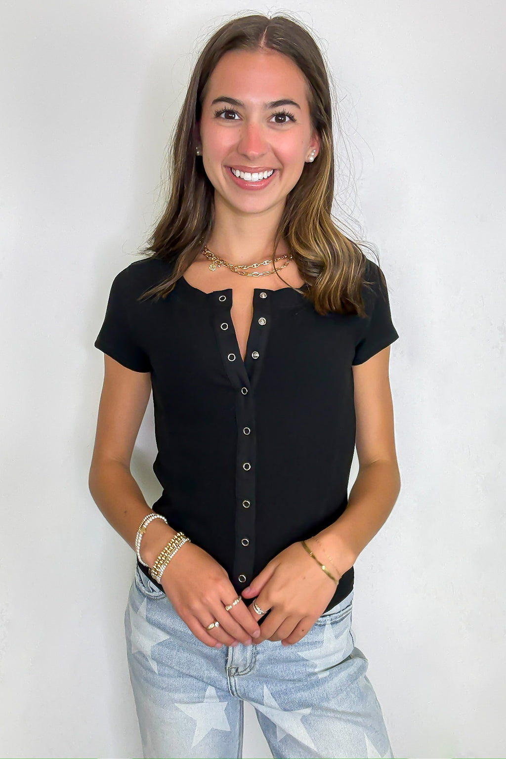 Easy Edge Snap Button Short Sleeve Top - FINAL SALE - Madison and Mallory