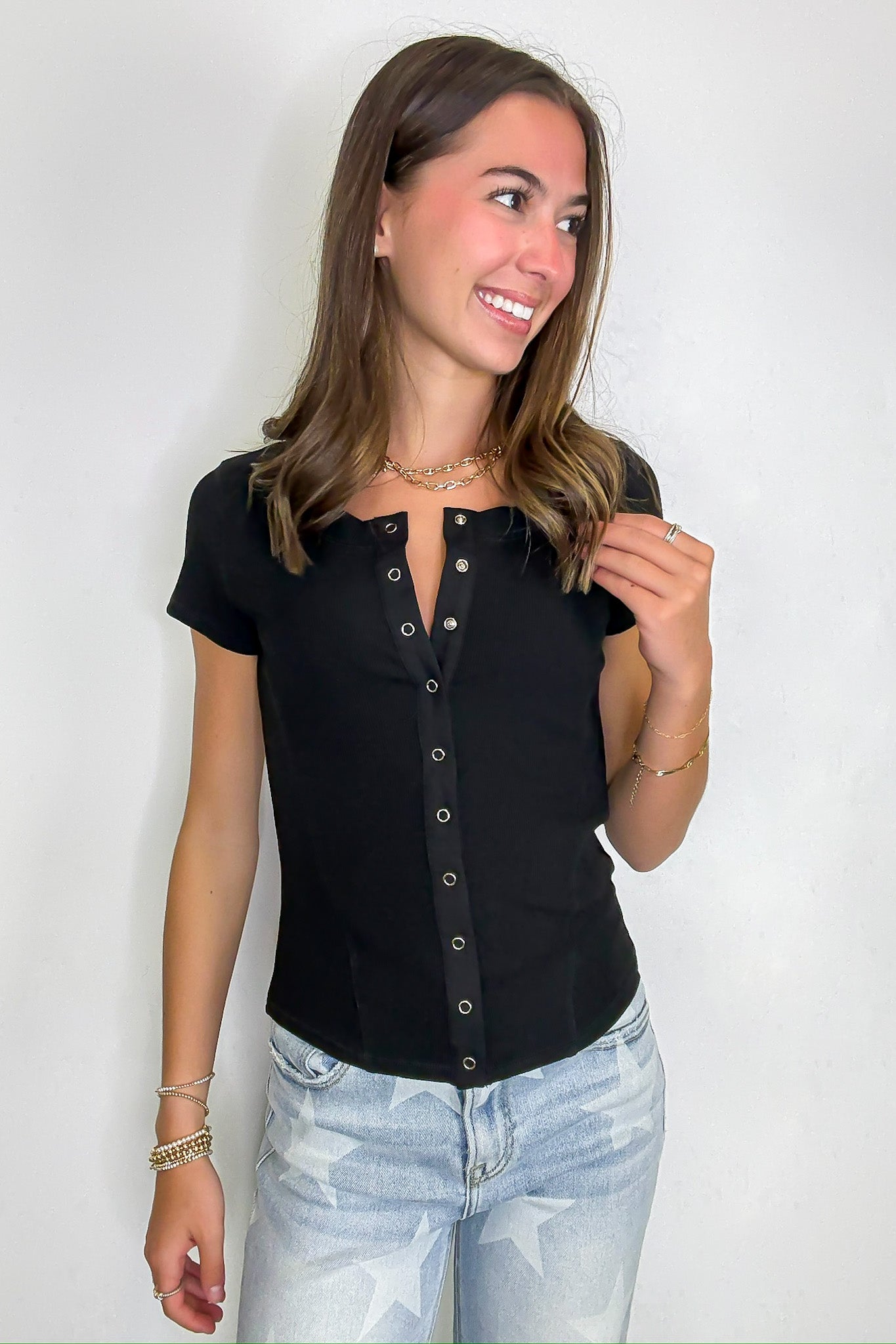 Easy Edge Snap Button Short Sleeve Top - FINAL SALE - Madison and Mallory