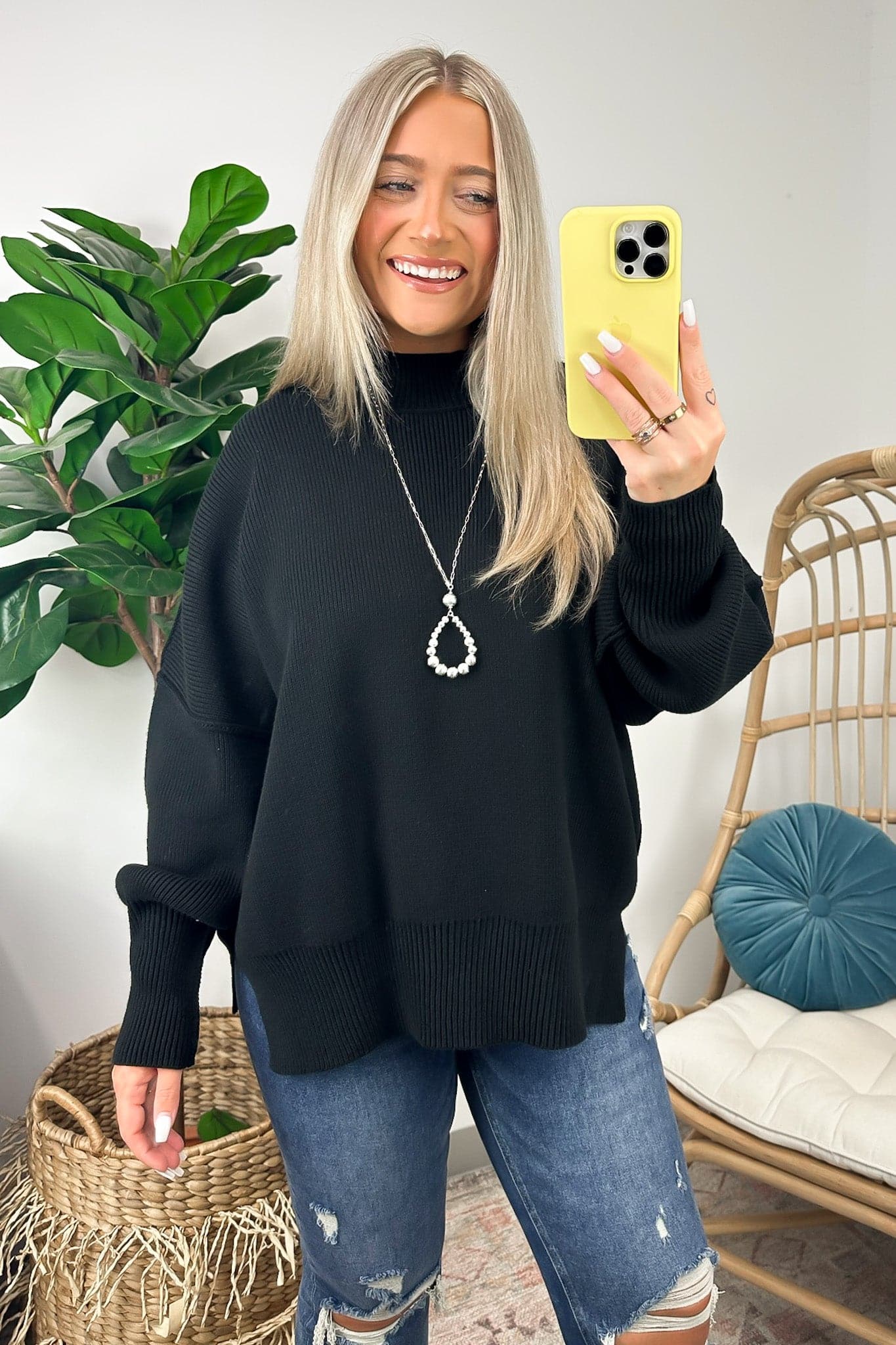 Black / S Easy Retreat Oversized Side Slit Sweater - BACK IN STOCK - Madison and Mallory