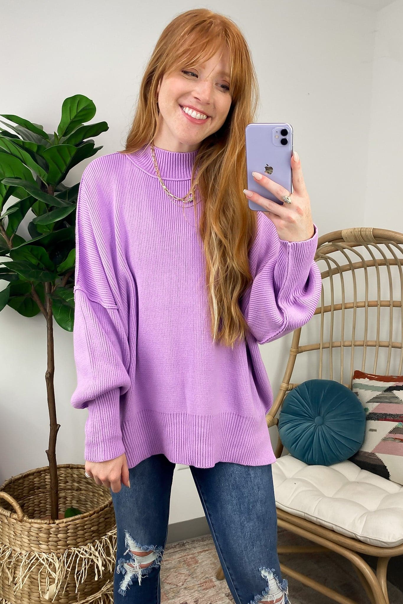 Bright Lavender / S Easy Retreat Oversized Side Slit Sweater - BACK IN STOCK - Madison and Mallory