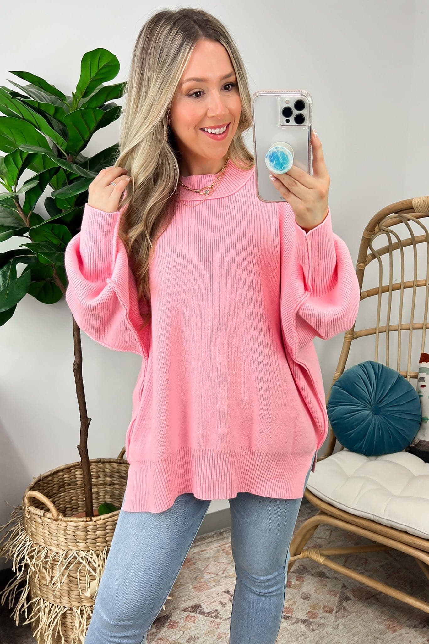 Dark Pink / S Easy Retreat Oversized Side Slit Sweater - BACK IN STOCK - Madison and Mallory