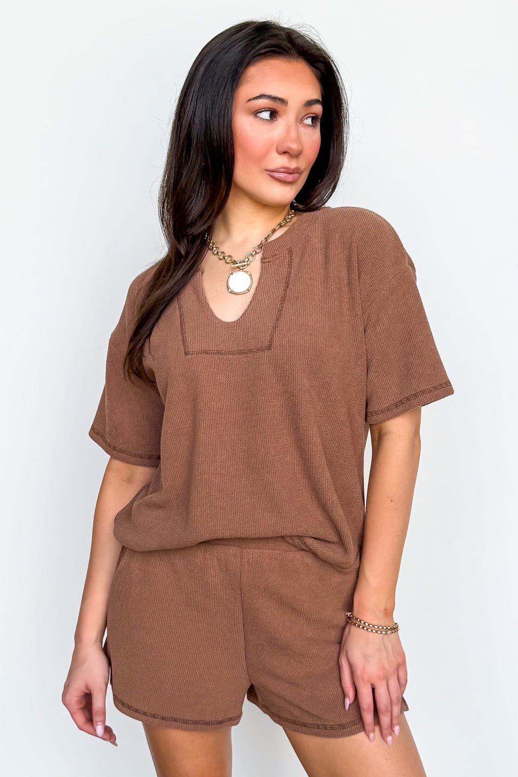 Mocha / S Easy Motion Terry Knit Top and Shorts Set - Madison and Mallory