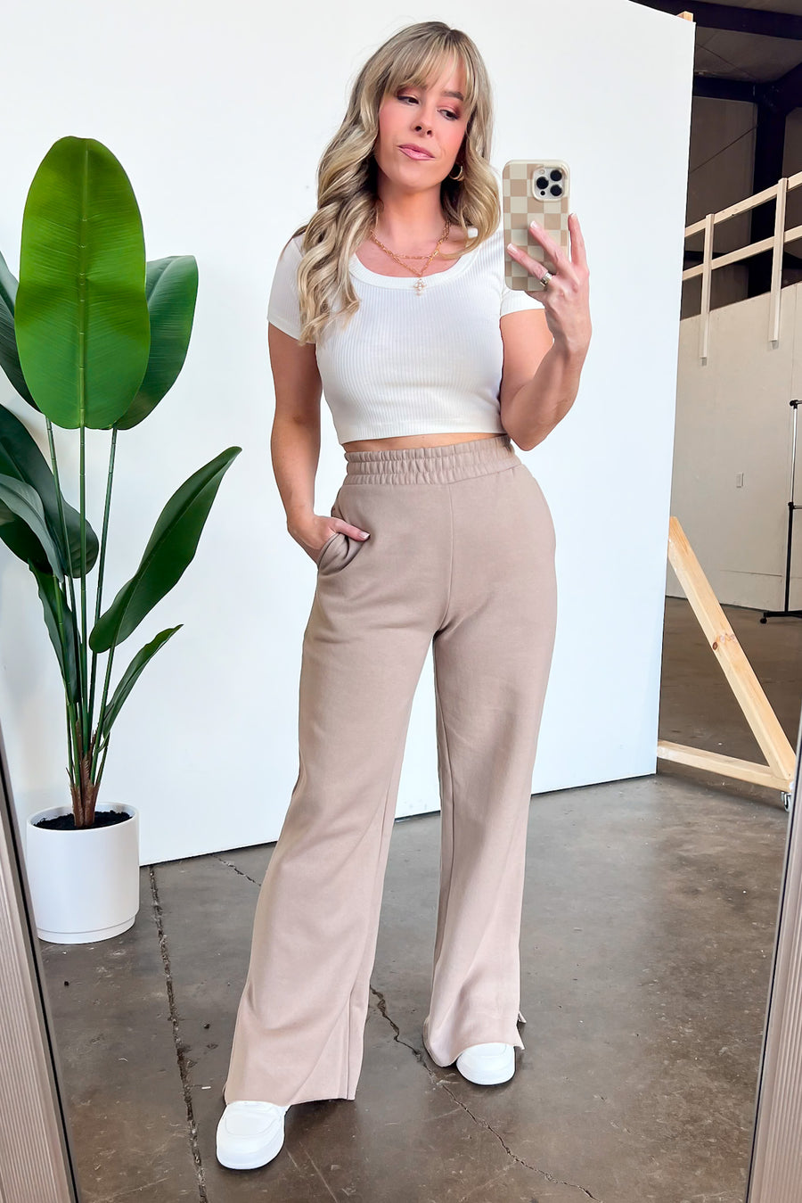Sand / S Easygoing Style Wide Leg Front Slit Lounge Pants - Madison and Mallory