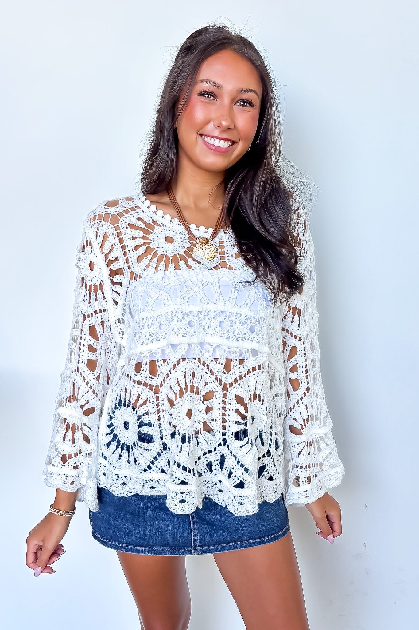 Ivory / OS Eden Drift Openwork Crochet Top - Madison and Mallory