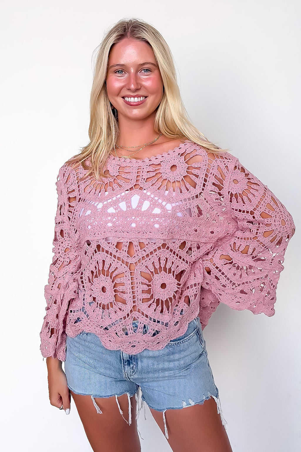Rose Pink / OS Eden Drift Openwork Crochet Top - Madison and Mallory