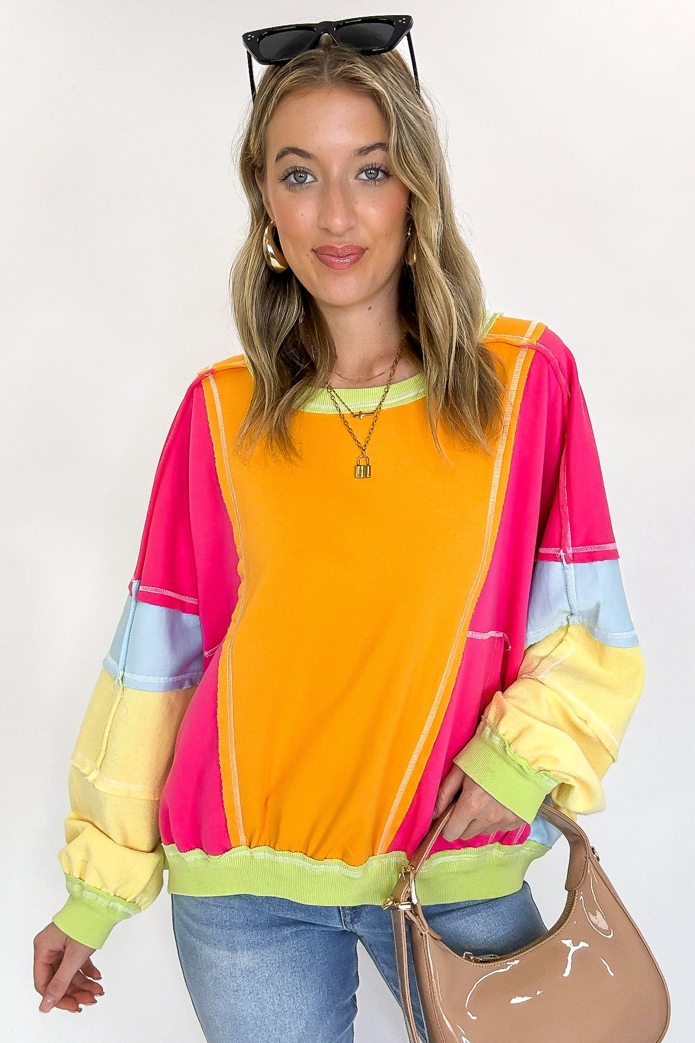 Banana/Fuchsia/Lime / S Edge Theory Raw Edge Vintage Washed Terry Pullover - Madison and Mallory