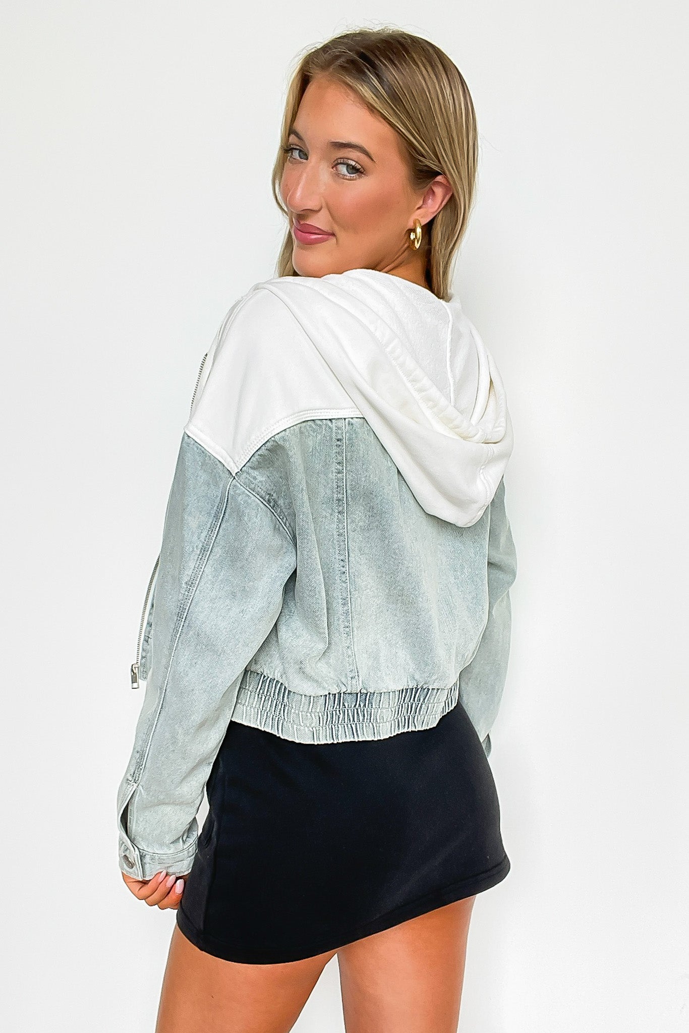 Edgy Feeling Contrast Hooded Denim Bomber Jacket - Madison and Mallory