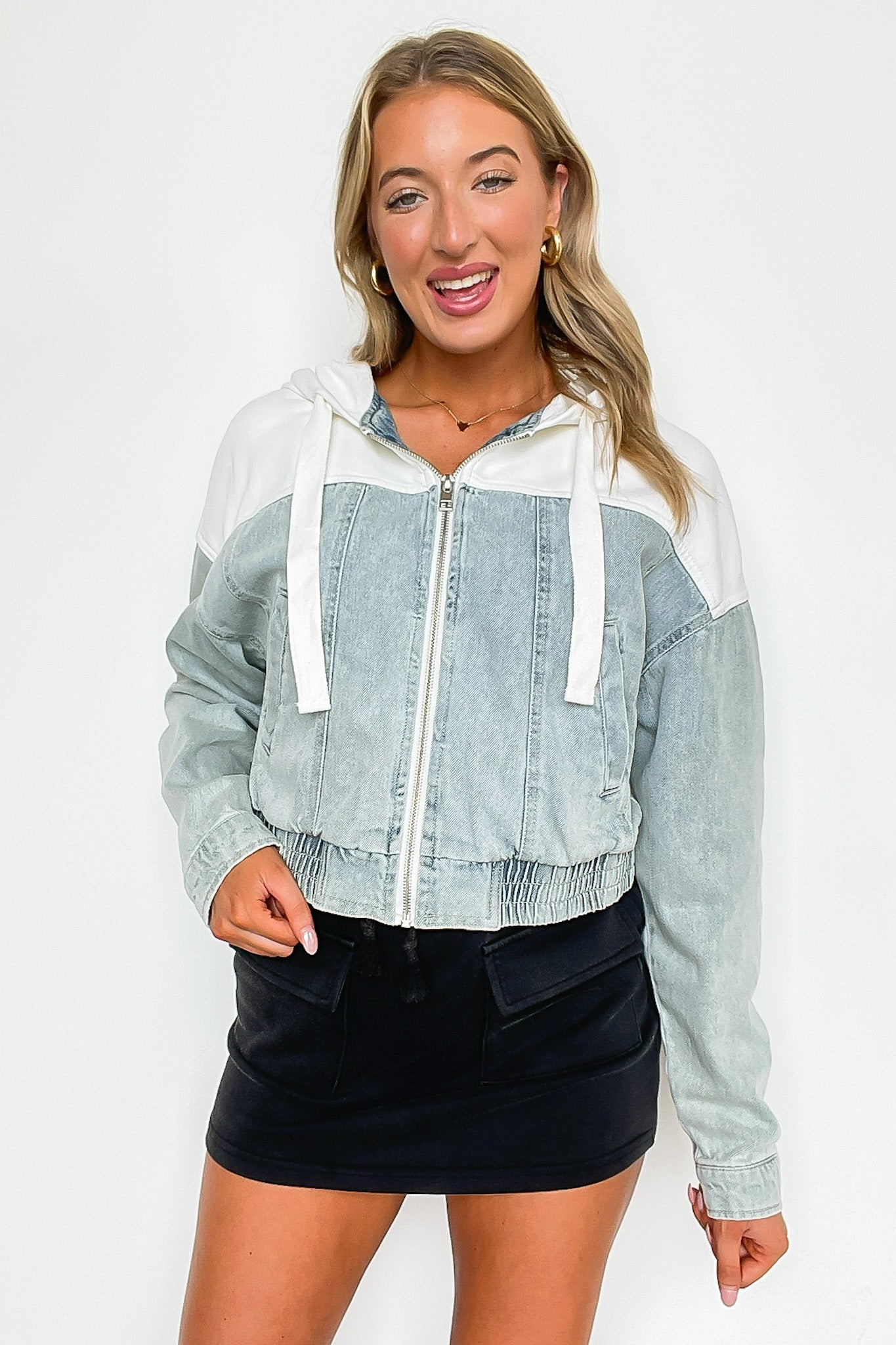 Edgy Feeling Contrast Hooded Denim Bomber Jacket - Madison and Mallory