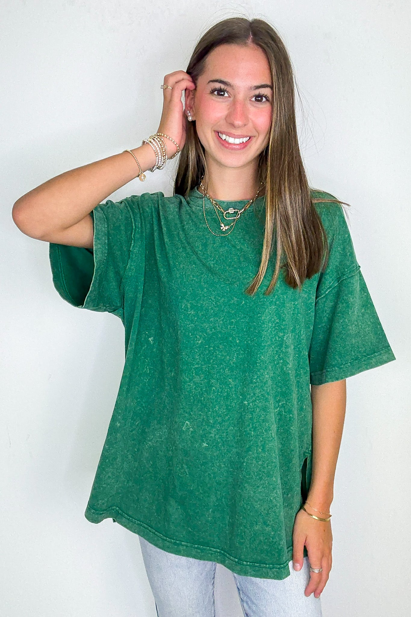 Kelly Green / S Effortless Ease Mineral Washed Cotton Oversized Slit Tee - Madison and Mallory