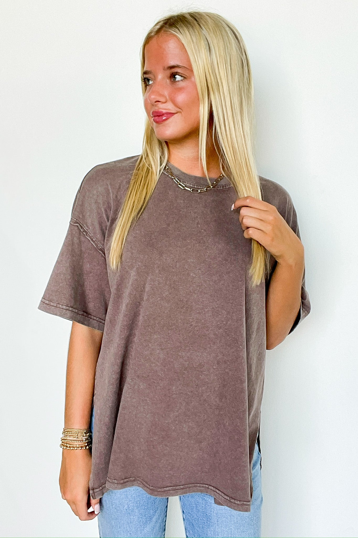 Mocha / S Effortless Ease Mineral Washed Cotton Oversized Slit Tee - Madison and Mallory
