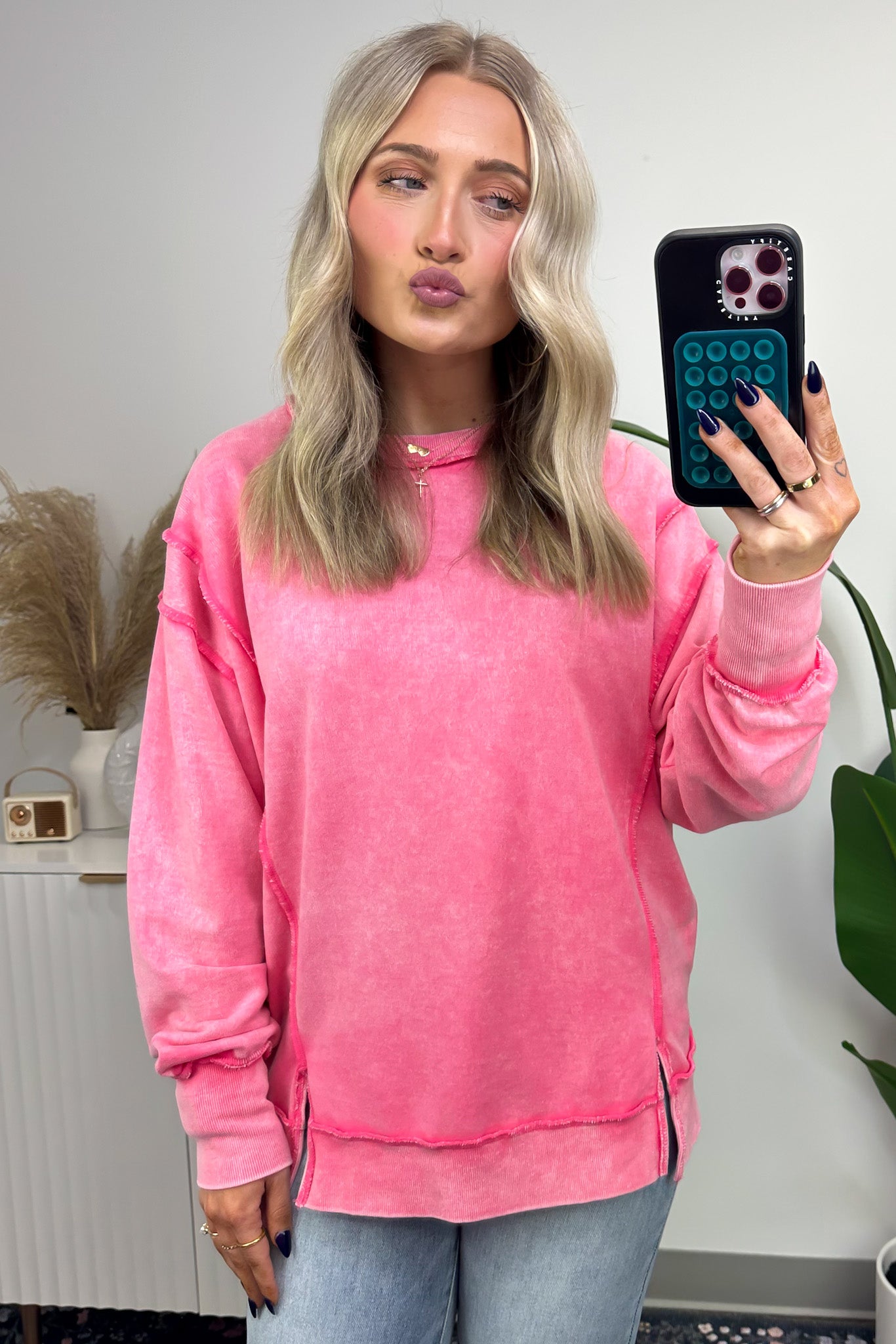 Fuchsia / SM Effortless Outing Acid Wash Exposed Seam Pullover - FINAL SALE - Madison and Mallory