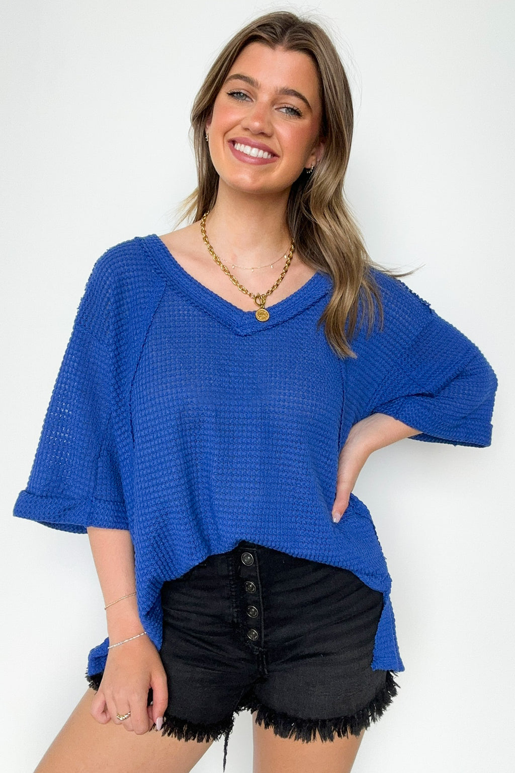 Light Navy / SM Elara Waffle Knit Exposed Seam Top - FINAL SALE - Madison and Mallory