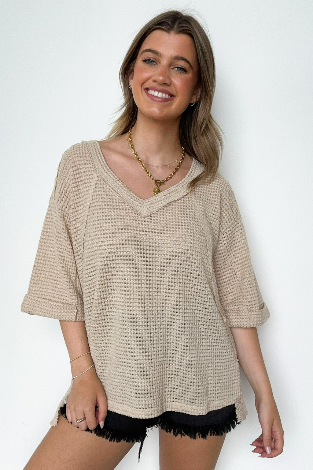 Elara Waffle Knit Exposed Seam Top - FINAL SALE - Madison and Mallory