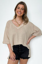 Beige / SM Elara Waffle Knit Exposed Seam Top - FINAL SALE - Madison and Mallory