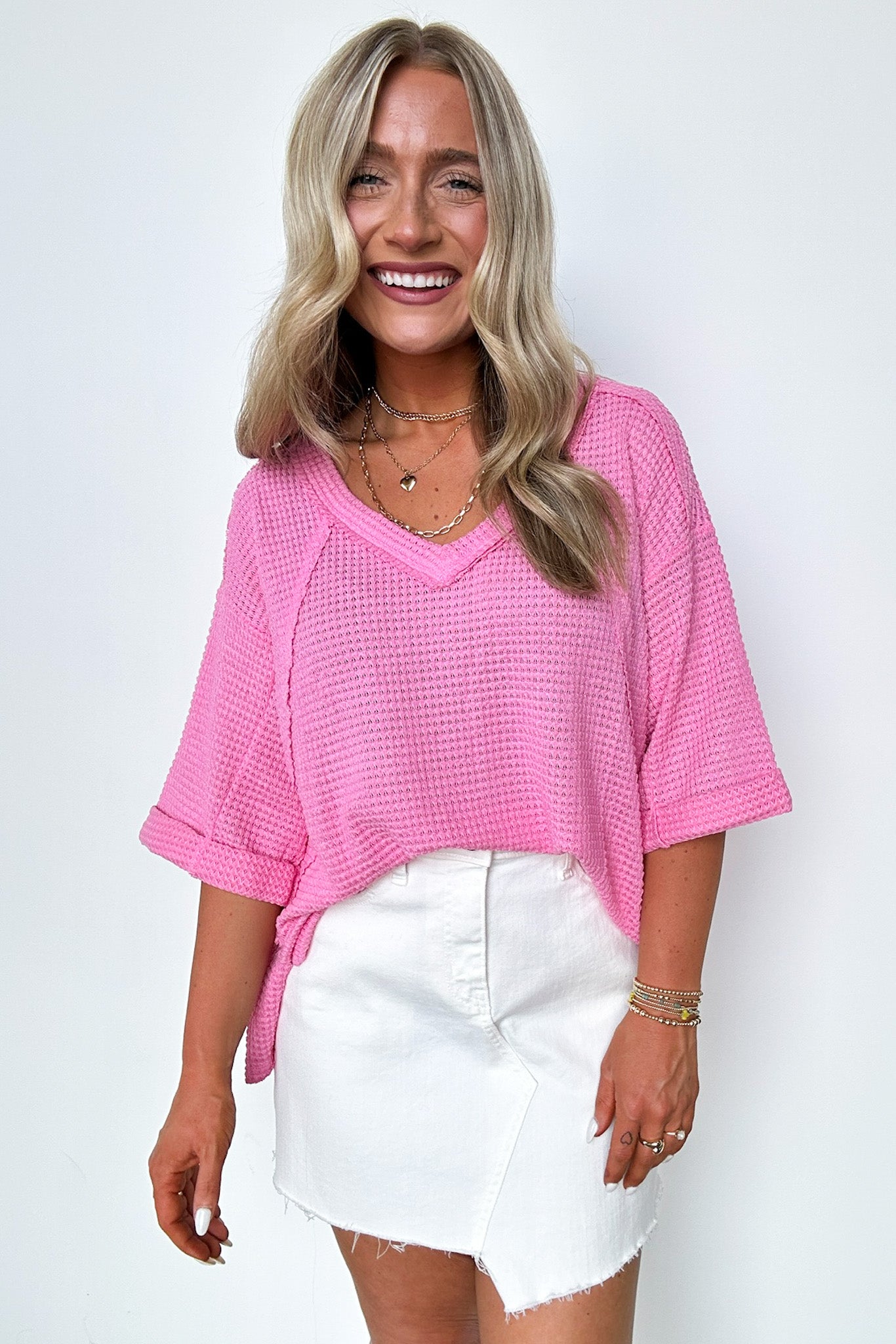 Pink / SM Elara Waffle Knit Exposed Seam Top - BACK IN STOCK - Madison and Mallory