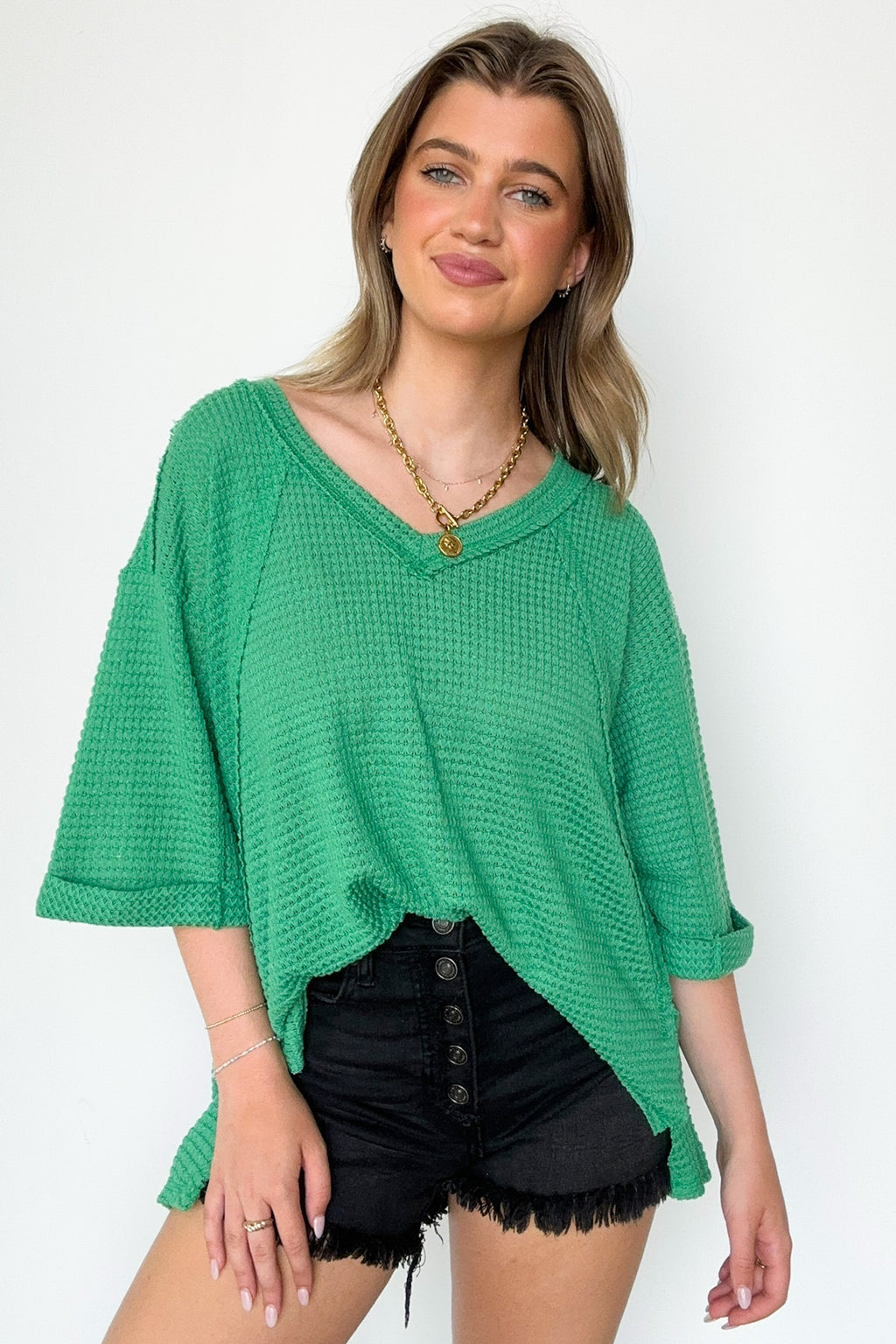 Kelly Green / SM Elara Waffle Knit Exposed Seam Top - FINAL SALE - Madison and Mallory