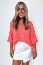 Neon Coral / SM Elara Waffle Knit Exposed Seam Top - FINAL SALE - Madison and Mallory