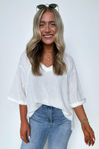Off White / SM Elara Waffle Knit Exposed Seam Top - FINAL SALE - Madison and Mallory