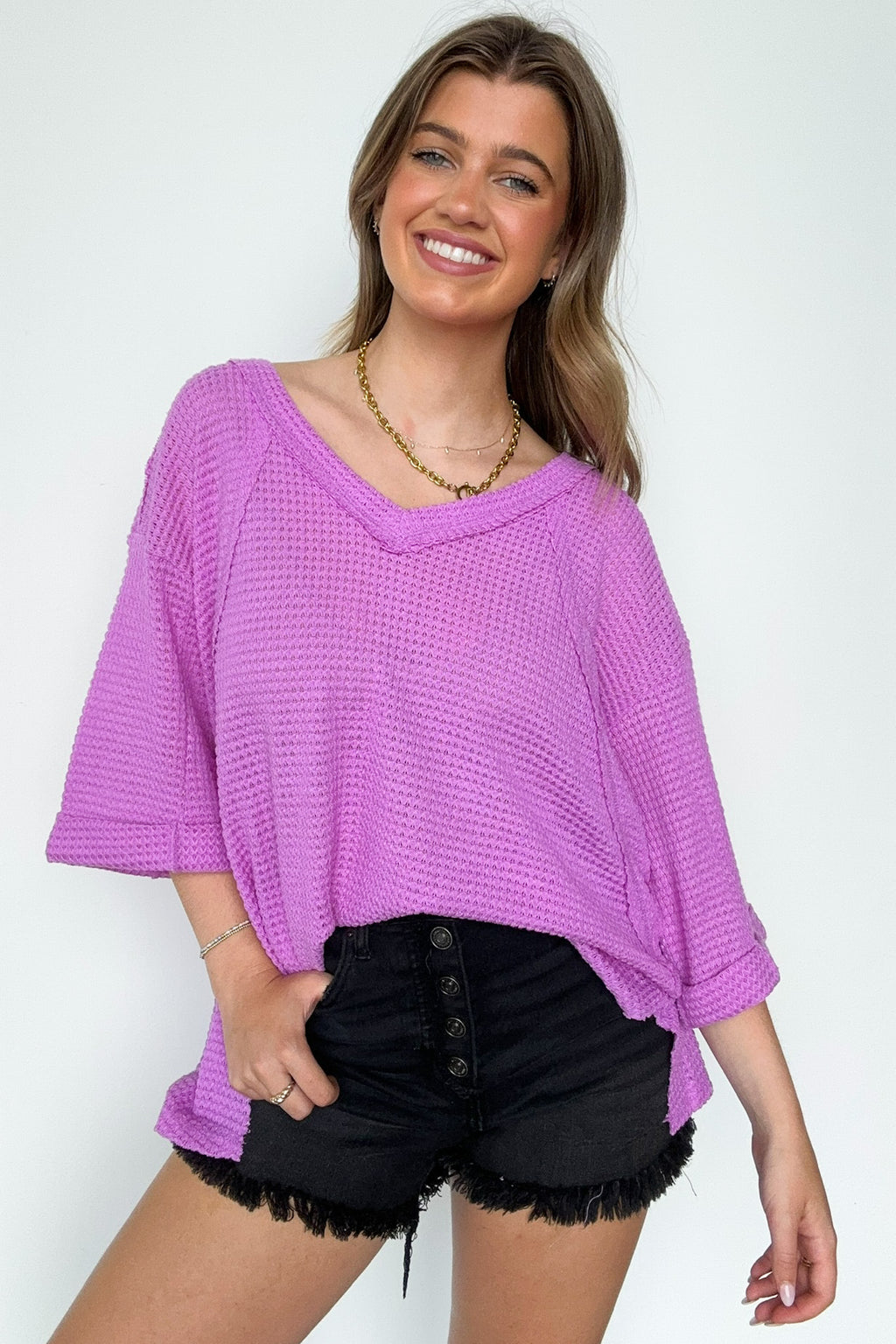 Lavender / SM Elara Waffle Knit Exposed Seam Top - FINAL SALE - Madison and Mallory