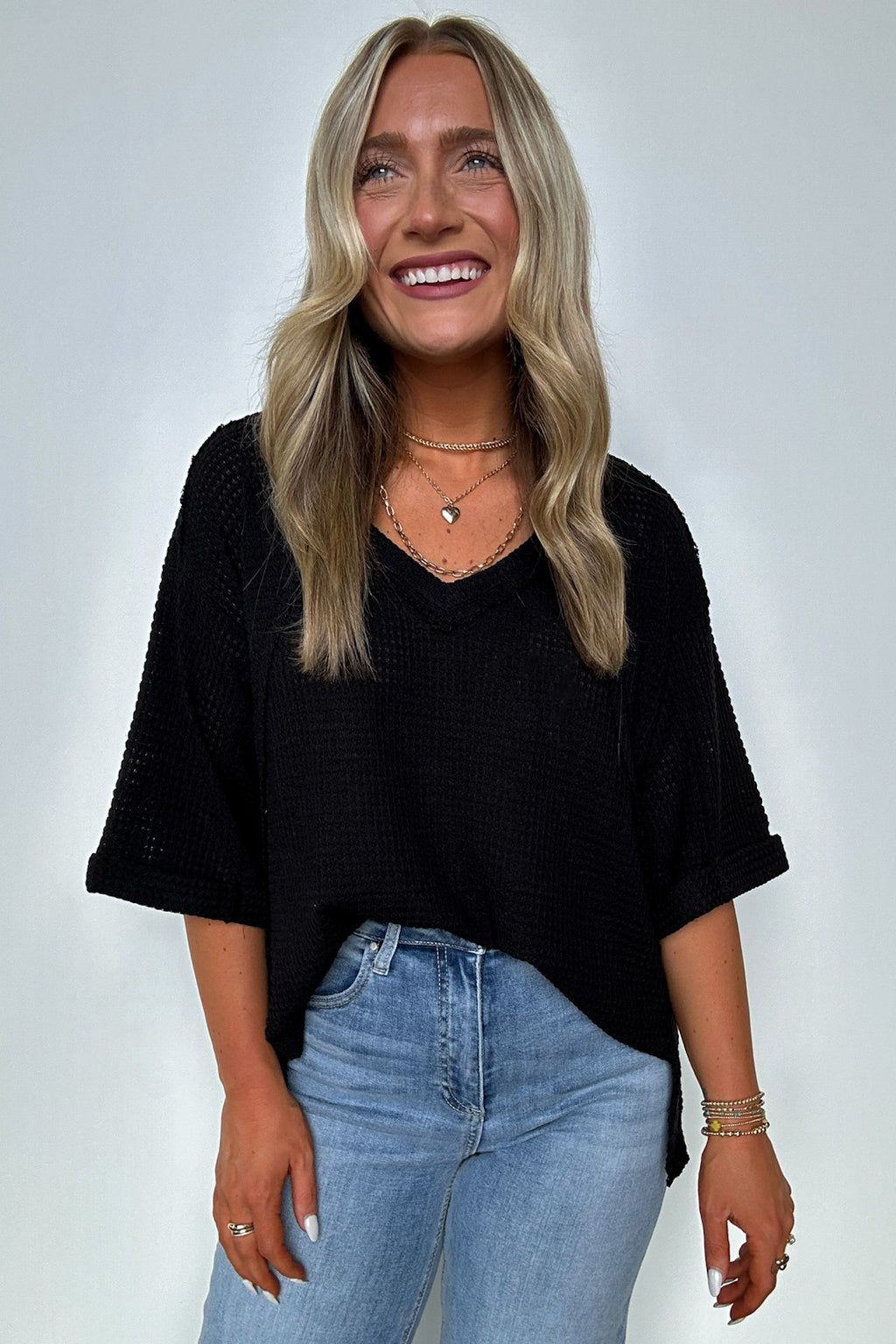 Black / SM Elara Waffle Knit Exposed Seam Top - FINAL SALE - Madison and Mallory