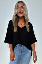Black / SM Elara Waffle Knit Exposed Seam Top - FINAL SALE - Madison and Mallory