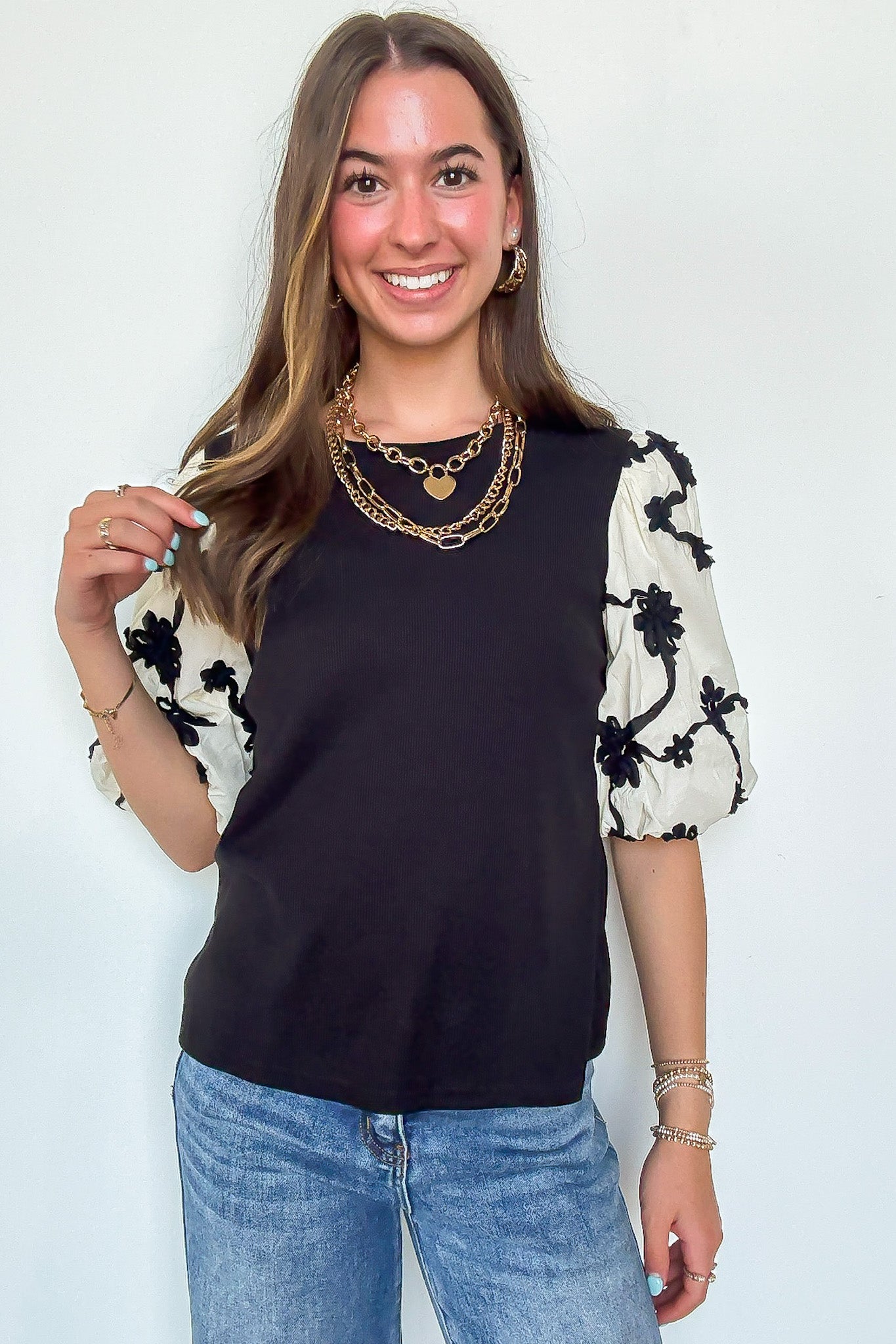 Elarah Mix Media Contrast Embroidered Knit Top - Madison and Mallory