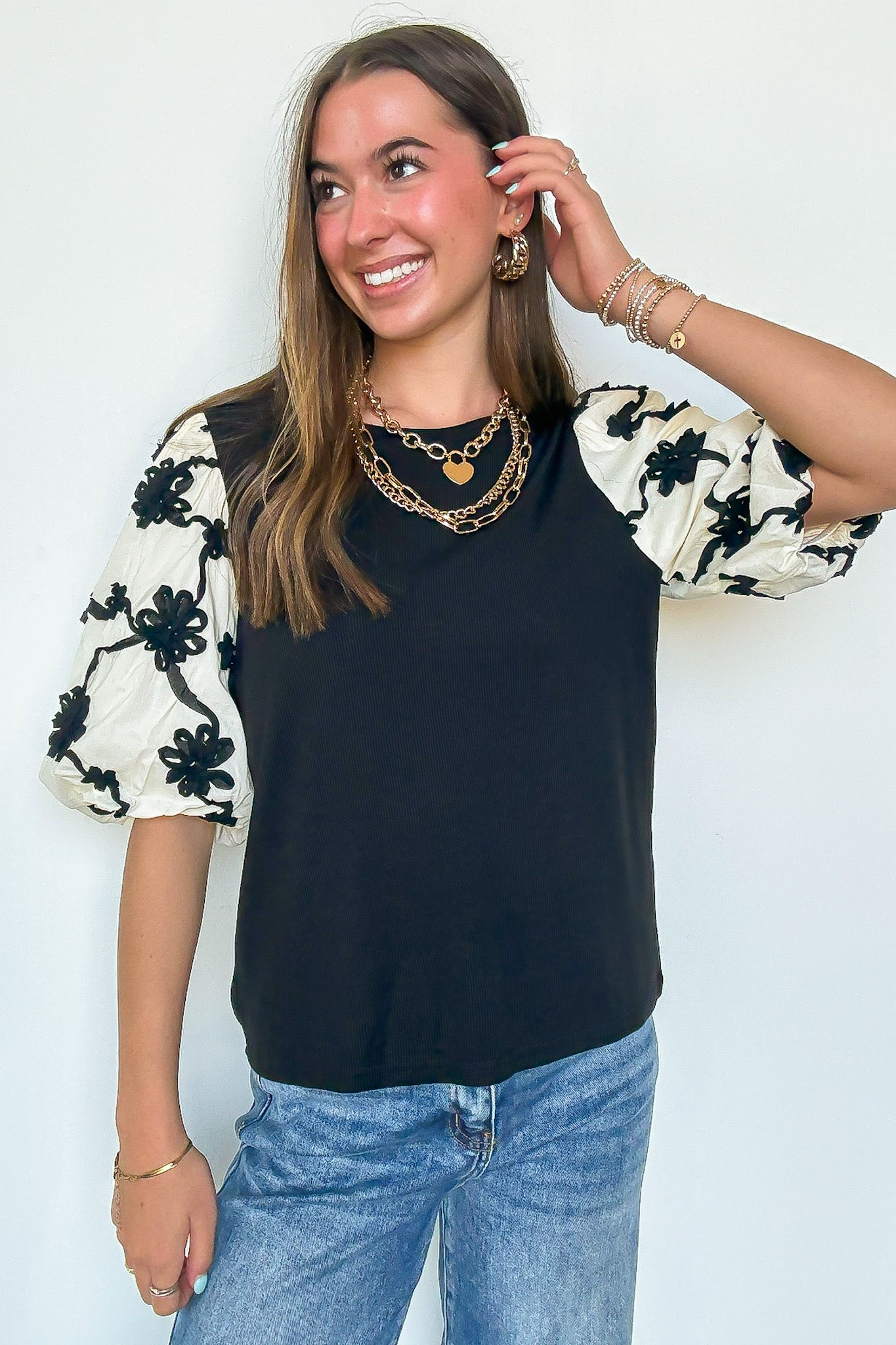 Elarah Mix Media Contrast Embroidered Knit Top - Madison and Mallory