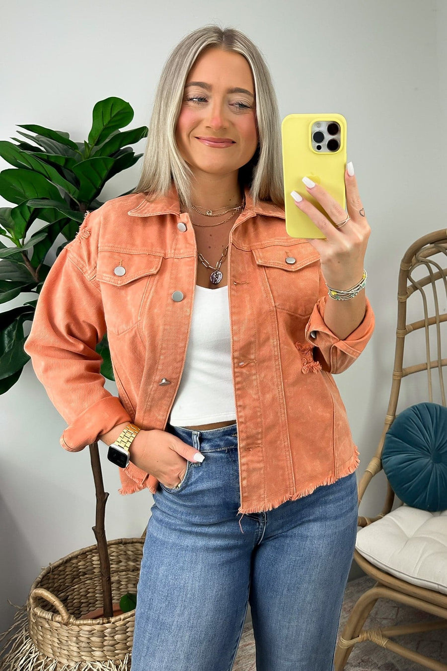 S / Rust Elevated Energy Distressed Denim Jacket - FINAL SALE - Madison and Mallory
