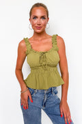 Dark Kiwi / S Elevated Ruffle Tie Front Tank Top - Madison and Mallory