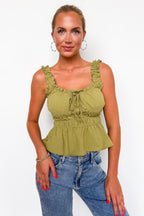 Dark Kiwi / S Elevated Ruffle Tie Front Tank Top - Madison and Mallory