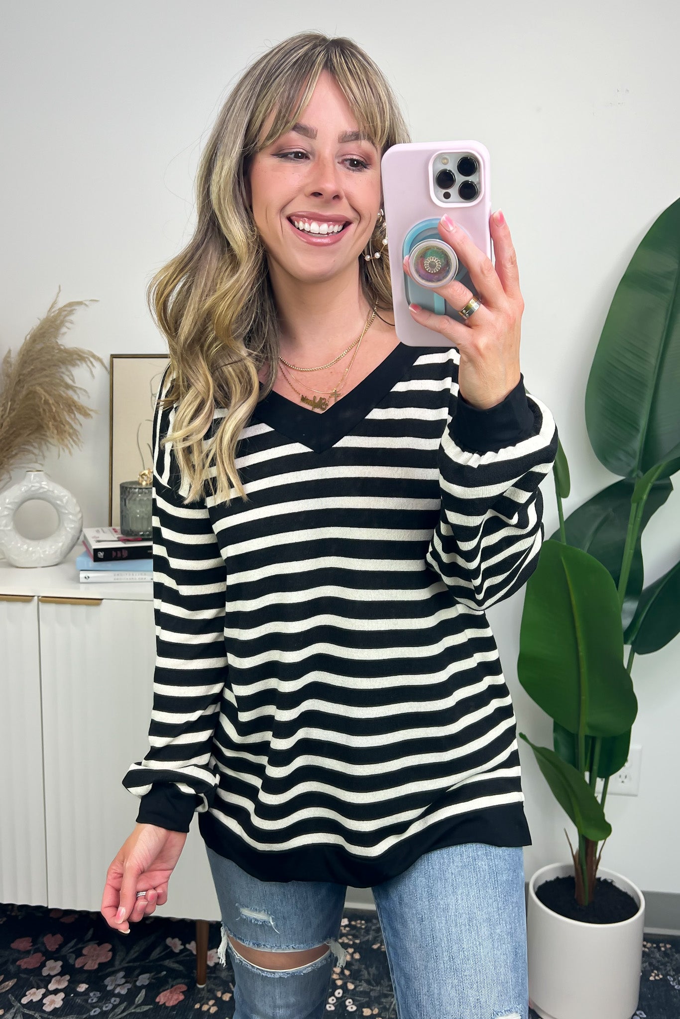 S / Black Elize V-Neck Long Sleeve Striped Top - FINAL SALE - Madison and Mallory