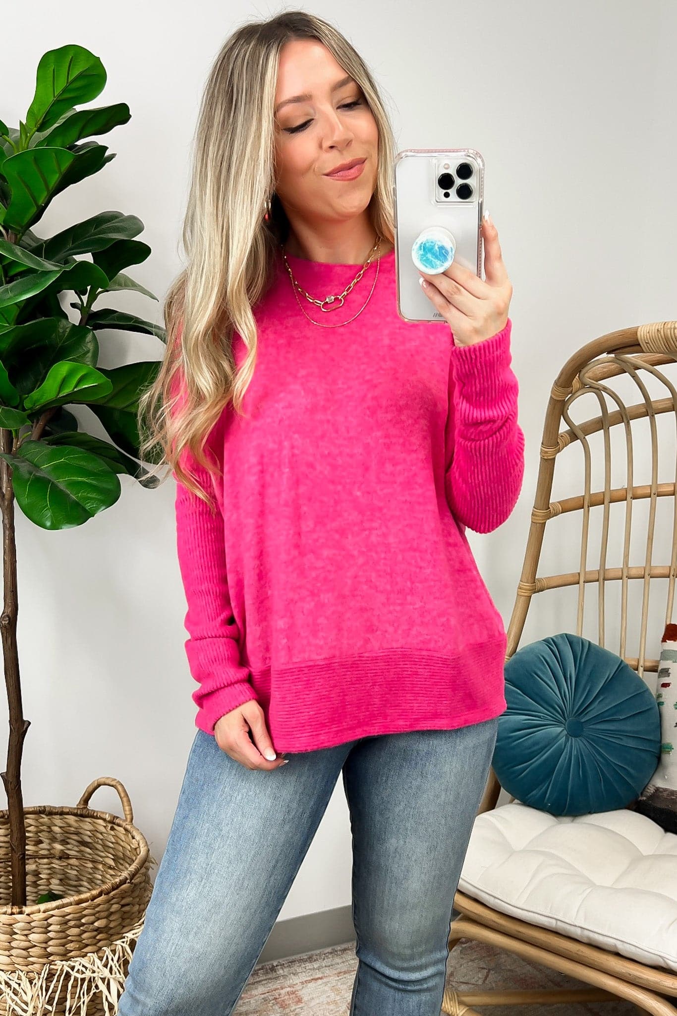 Fuchsia / S Ellegra Brushed Knit Dolman Sleeve Top - BACK IN STOCK - Madison and Mallory