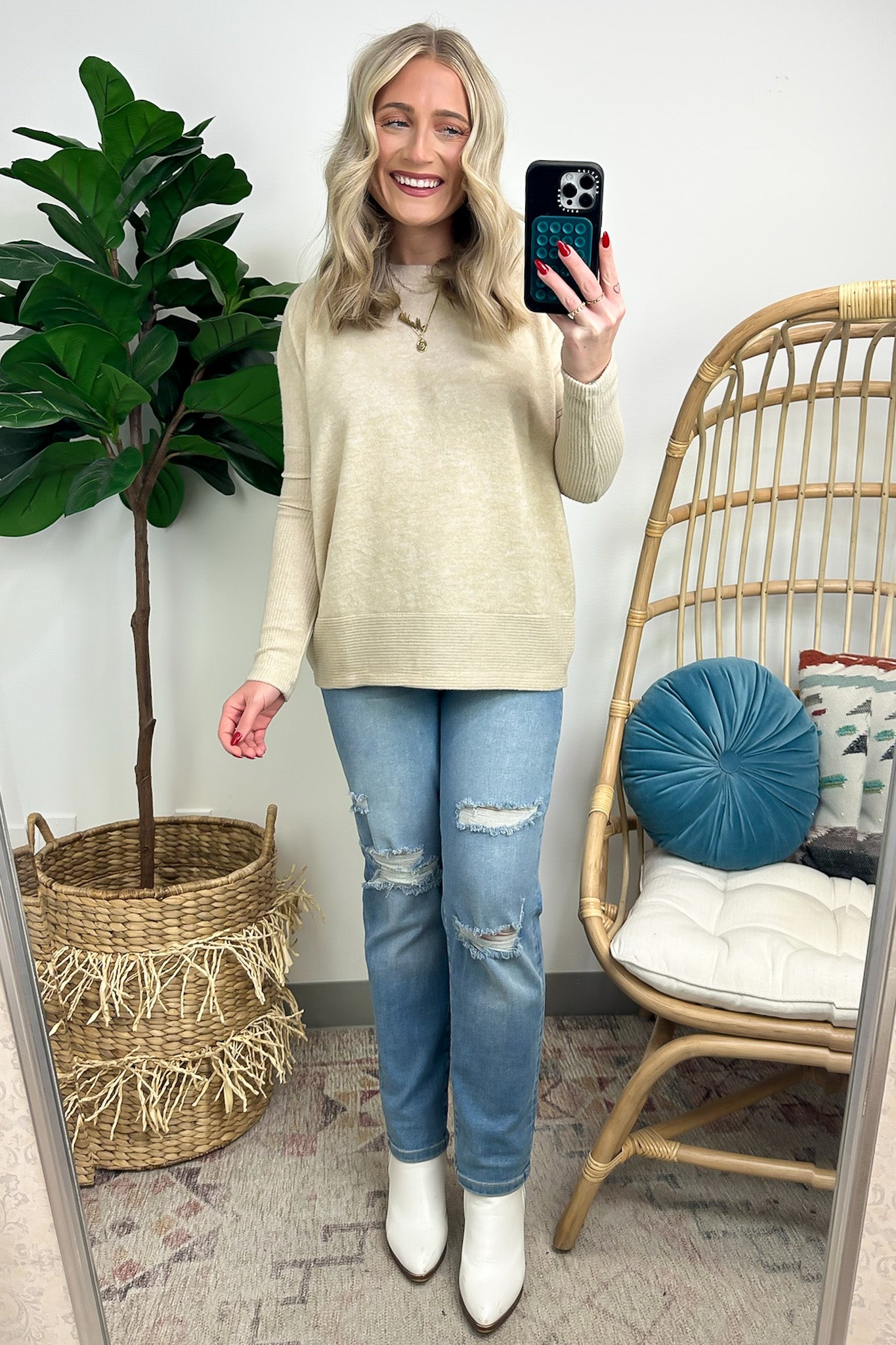 Heather Beige / S Ellegra Brushed Knit Dolman Sleeve Top - BACK IN STOCK - Madison and Mallory