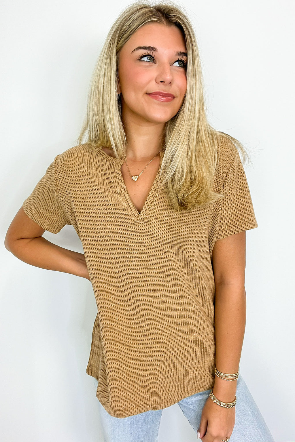 Ellie Waffle Knit V-Neck Top - FINAL SALE - Madison and Mallory