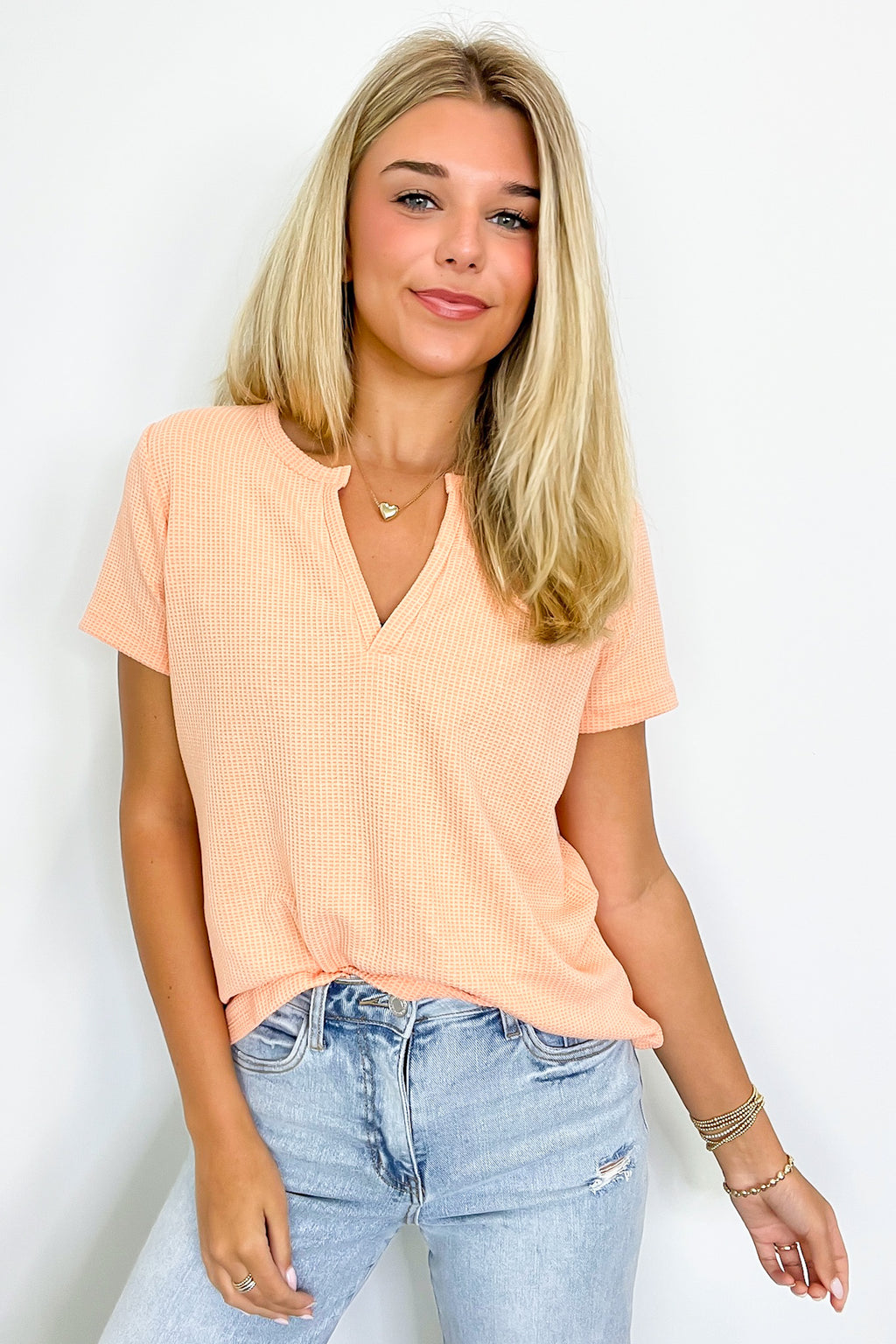 Apricot / S Ellie Waffle Knit V-Neck Top - FINAL SALE - Madison and Mallory