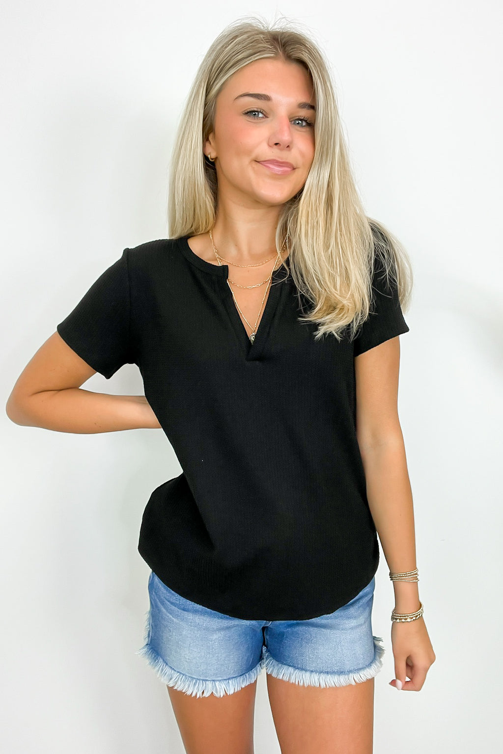 Black / S Ellie Waffle Knit V-Neck Top - FINAL SALE - Madison and Mallory