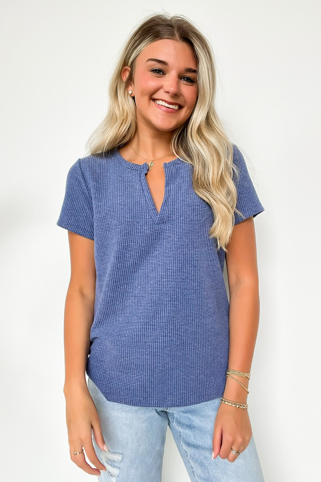 Denim / S Ellie Waffle Knit V-Neck Top - BACK IN STOCK - Madison and Mallory