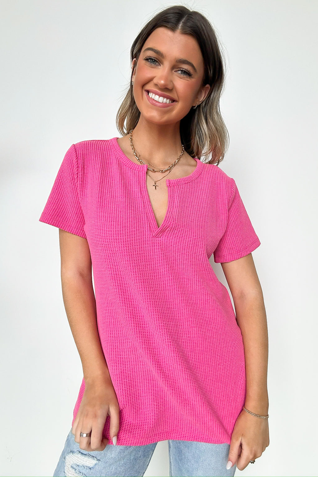 Fuchsia / S Ellie Waffle Knit V-Neck Top - FINAL SALE - Madison and Mallory