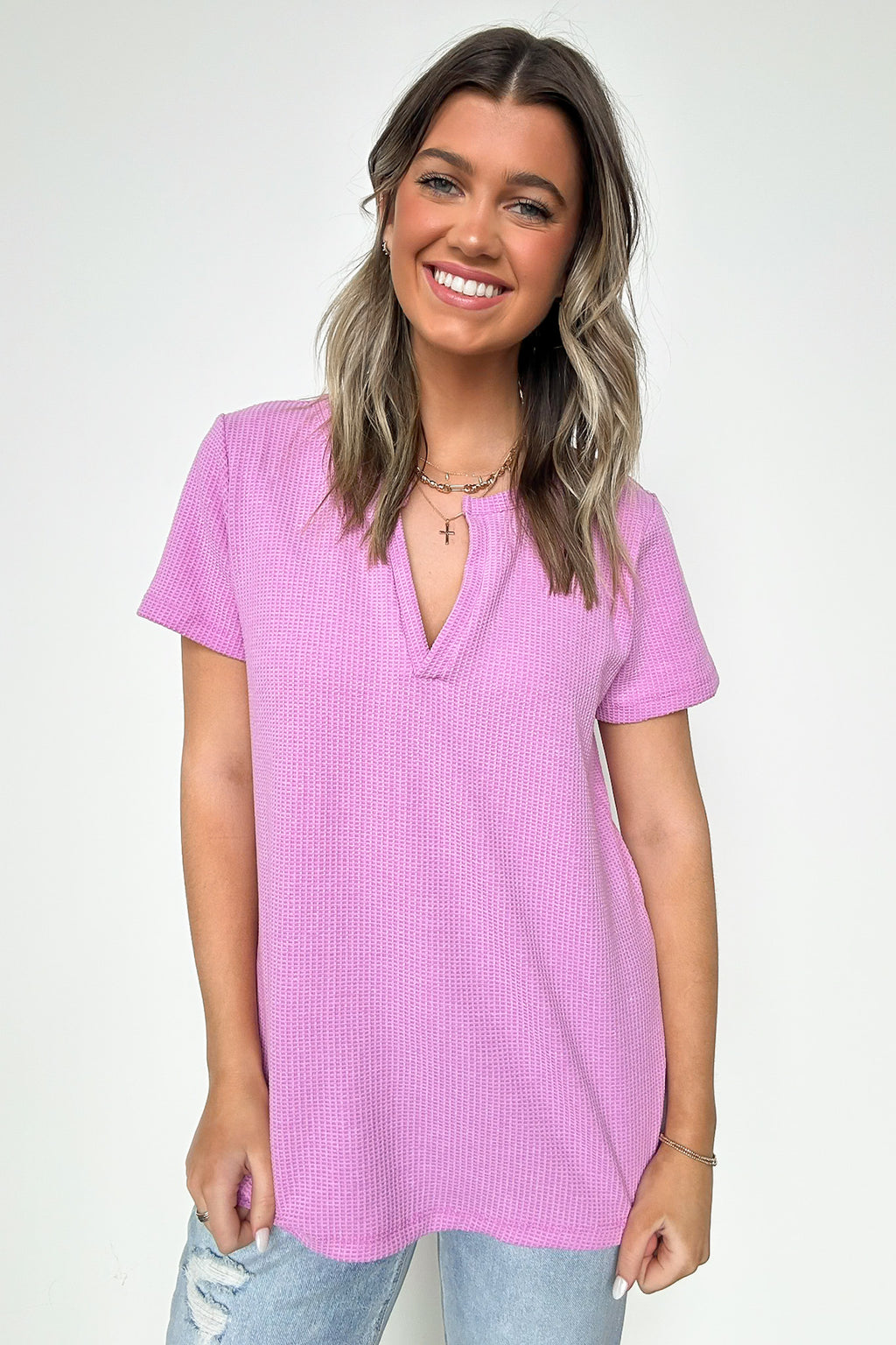 Mauve / S Ellie Waffle Knit V-Neck Top - FINAL SALE - Madison and Mallory