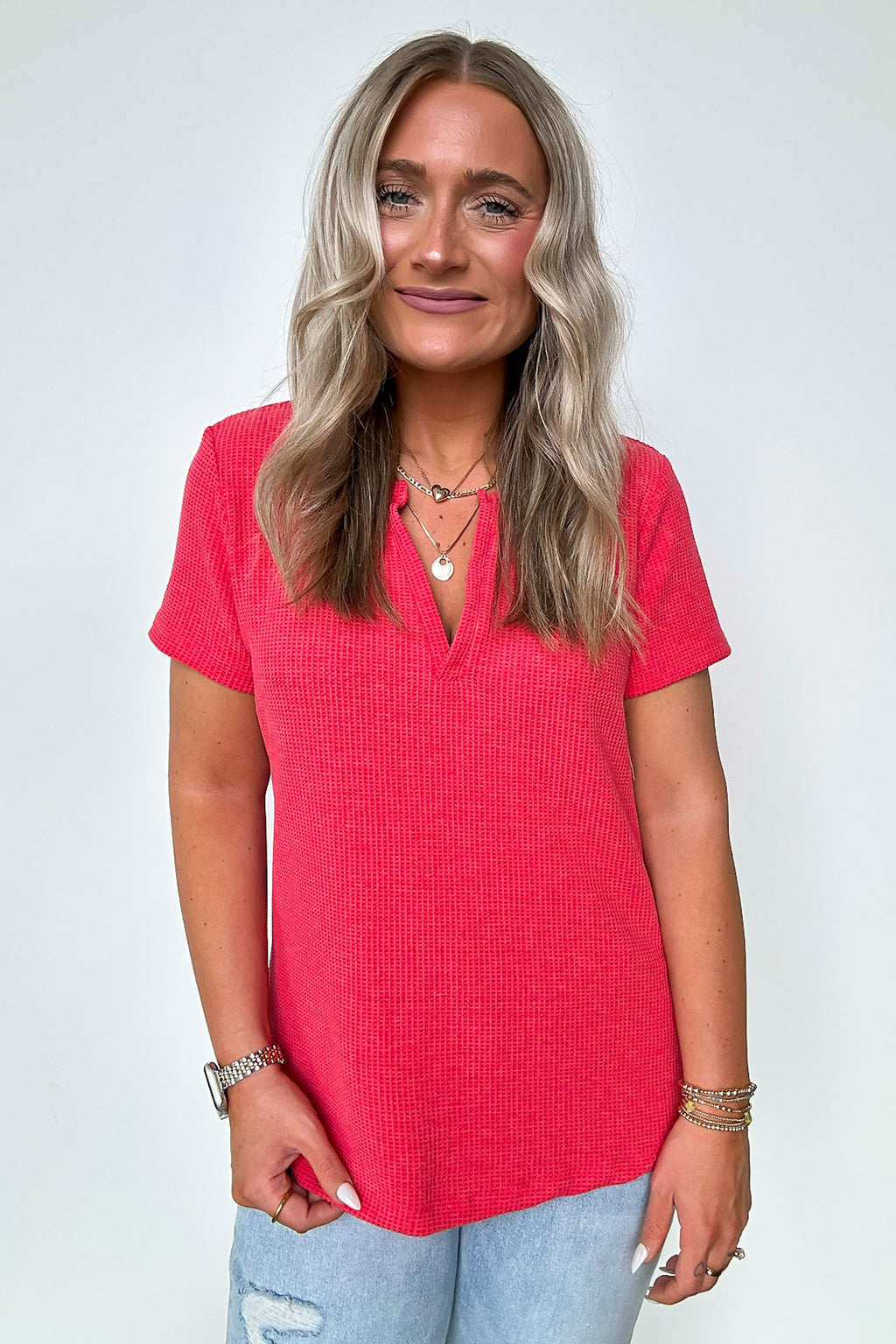 Ruby / S Ellie Waffle Knit V-Neck Top - FINAL SALE - Madison and Mallory