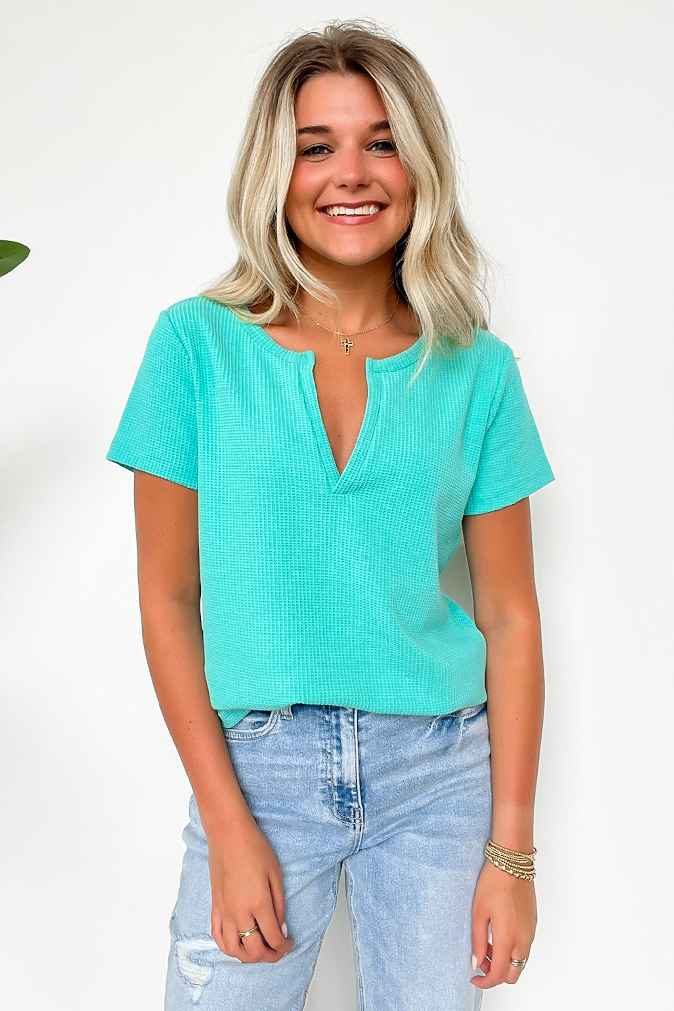 Ellie Waffle Knit V-Neck Top - FINAL SALE - Madison and Mallory