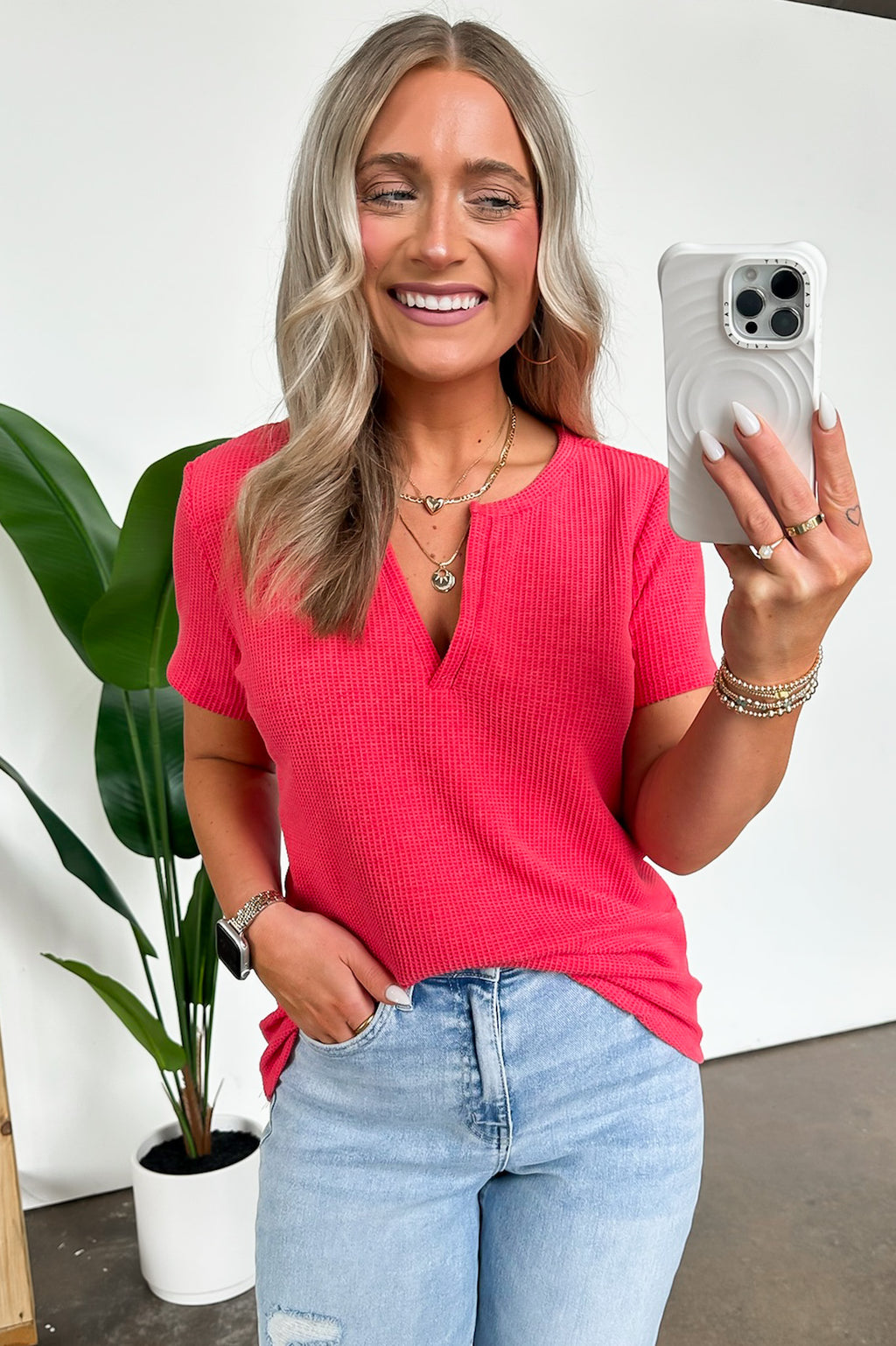  Ellie Waffle Knit V-Neck Top - BACK IN STOCK - Madison and Mallory