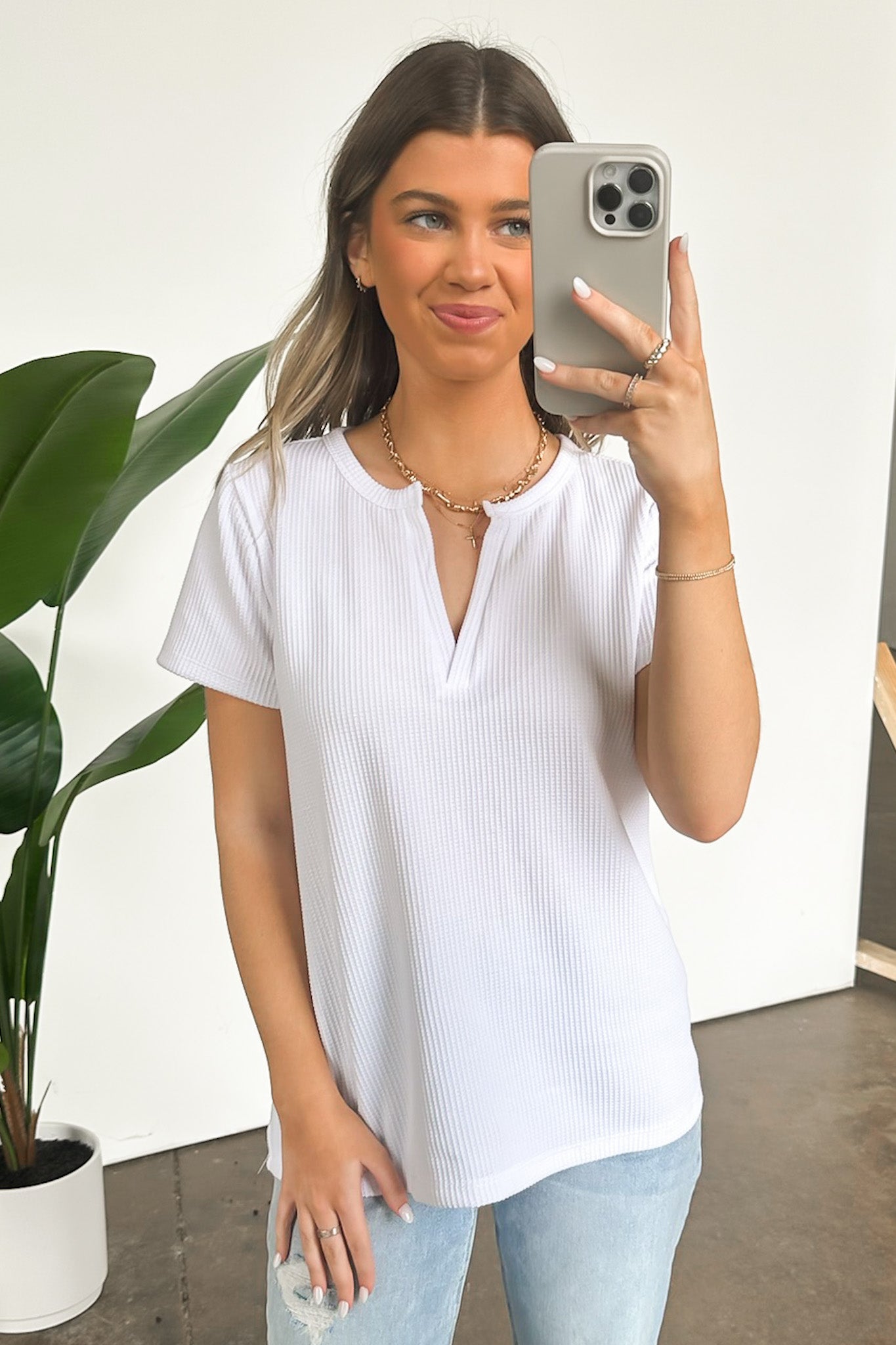 Off White / S Ellie Waffle Knit V-Neck Top - FINAL SALE - Madison and Mallory