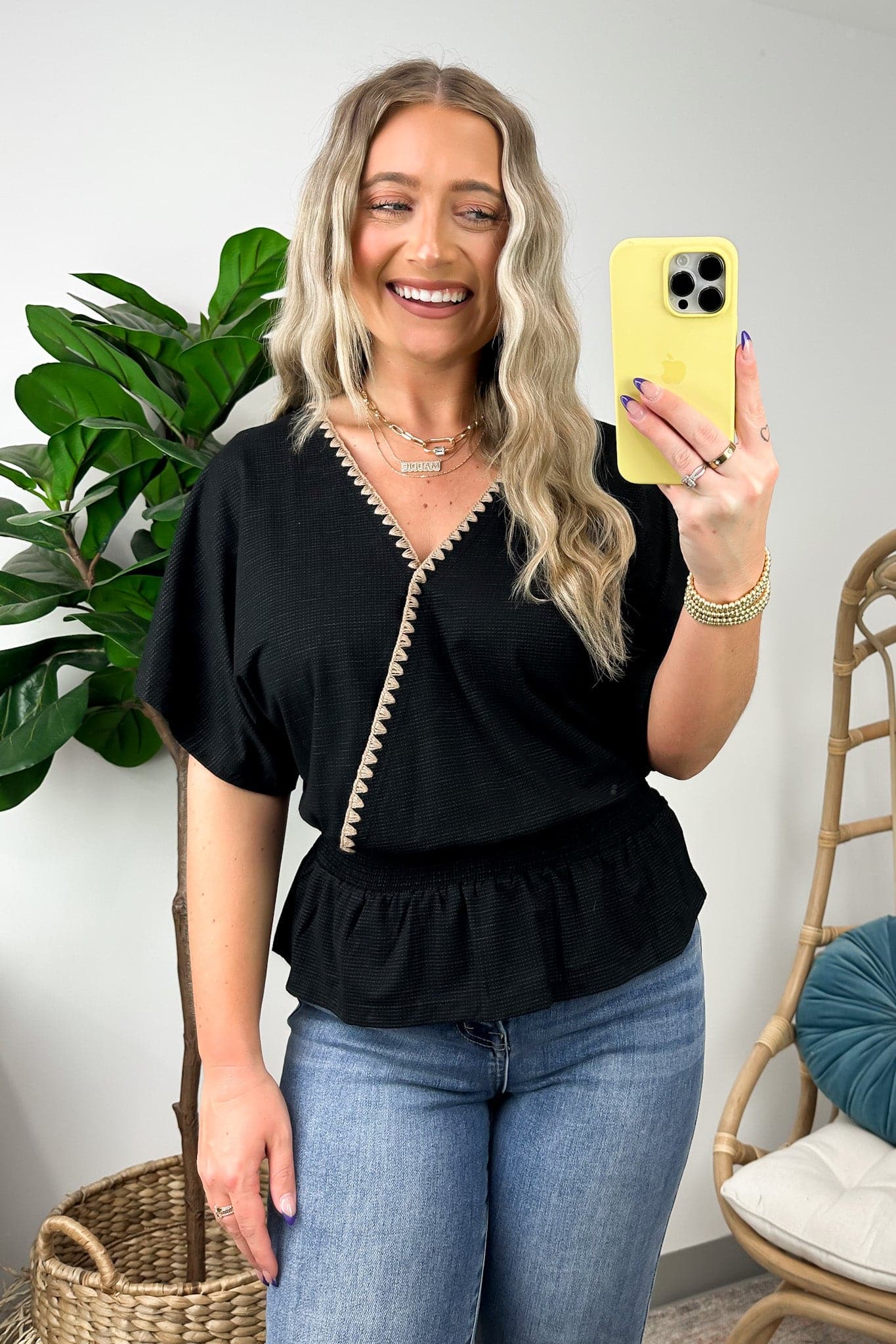 Black / S Ellinda Embroidered Accent Kimono Top - FINAL SALE - Madison and Mallory
