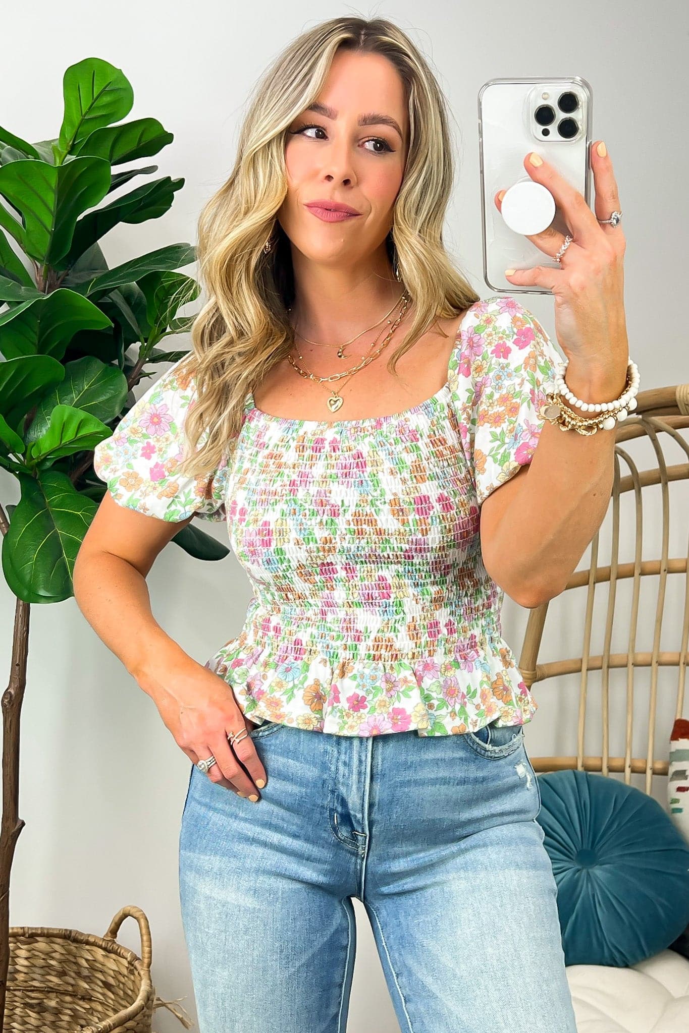 S / Mint Ellywe Smocked Floral Print Top - Madison and Mallory