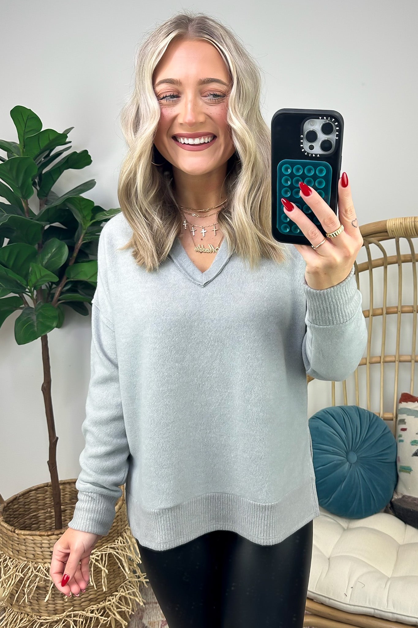 Heather Gray / S Elvy Long Sleeve Split V-Neck Brushed Knit Top - Madison and Mallory