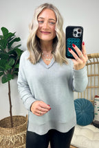 Elvy Long Sleeve Split V-Neck Brushed Knit Top - FINAL SALE - Madison and Mallory