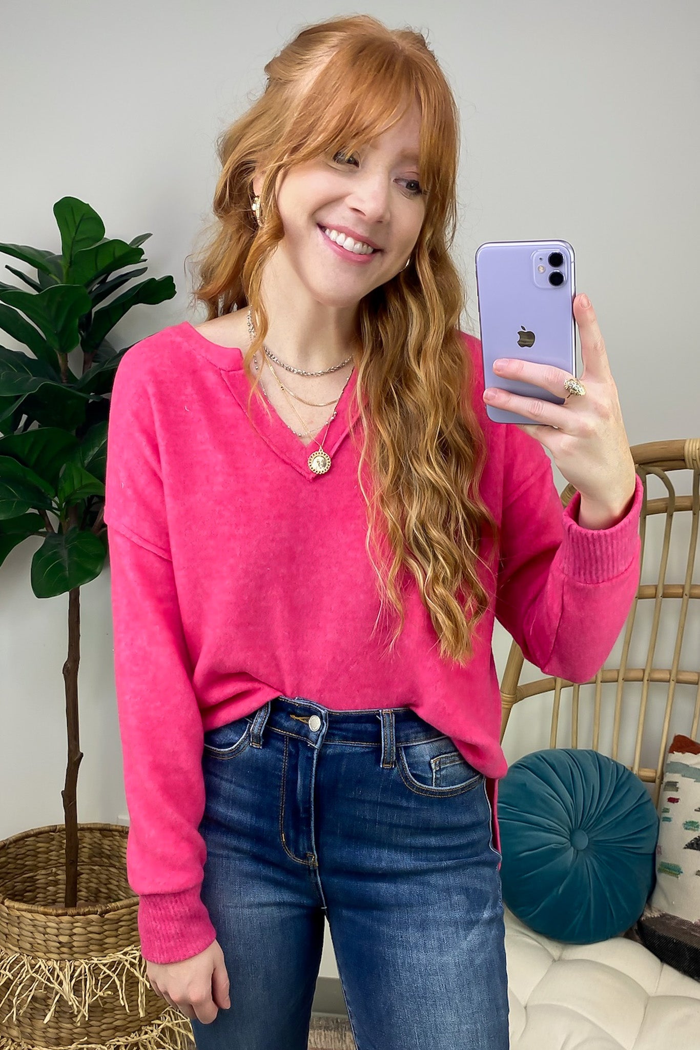  Elvy Long Sleeve Split V-Neck Brushed Knit Top - Madison and Mallory