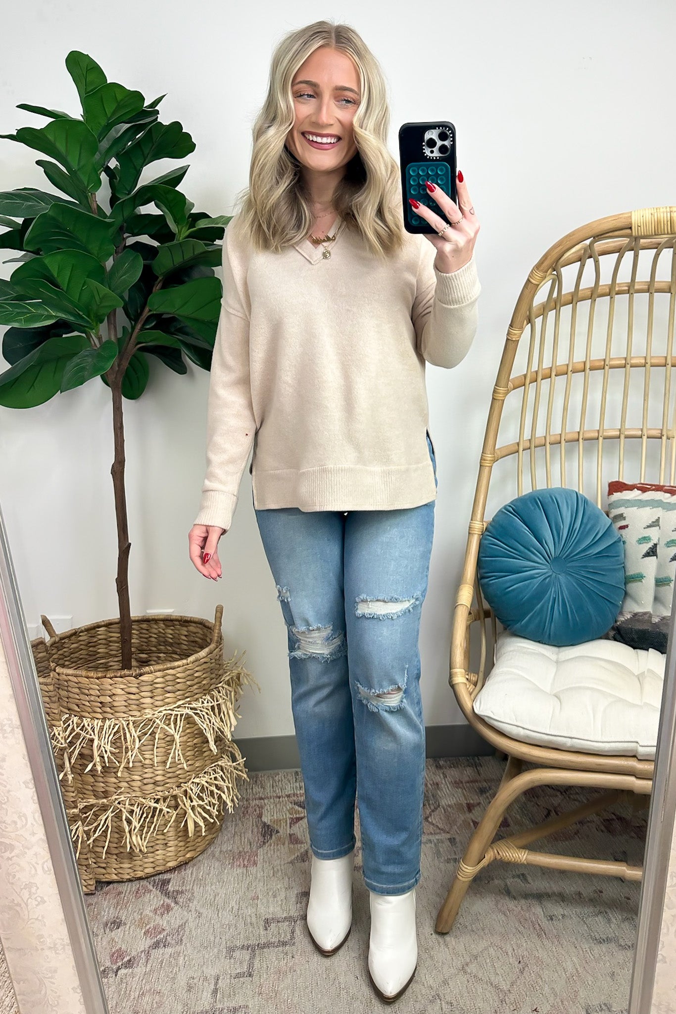  Elvy Long Sleeve Split V-Neck Brushed Knit Top - Madison and Mallory