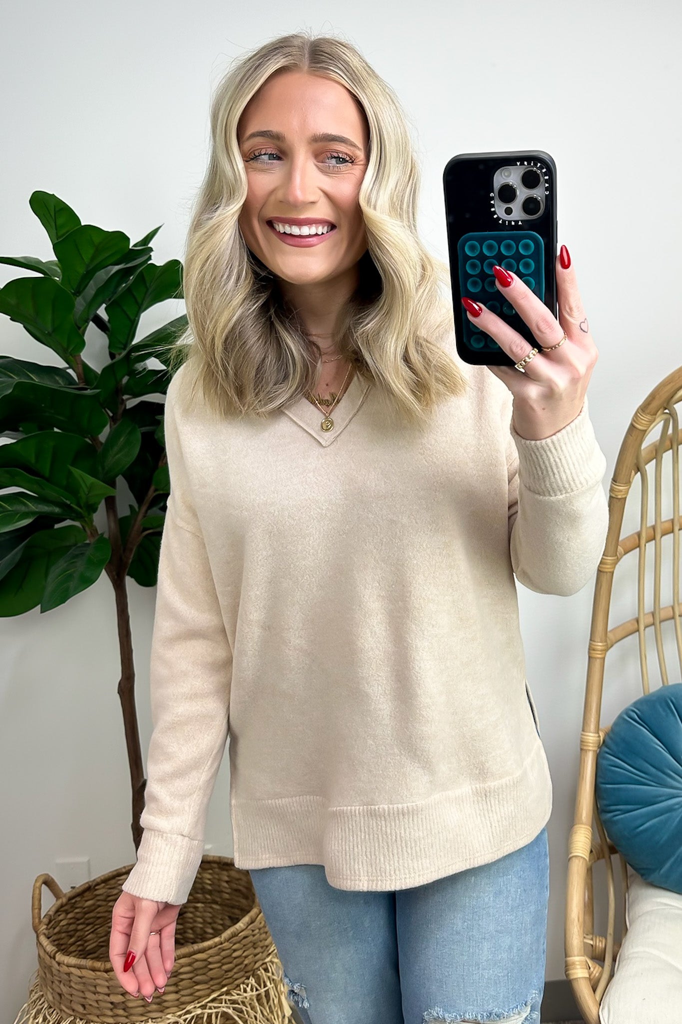  Elvy Long Sleeve Split V-Neck Brushed Knit Top - Madison and Mallory